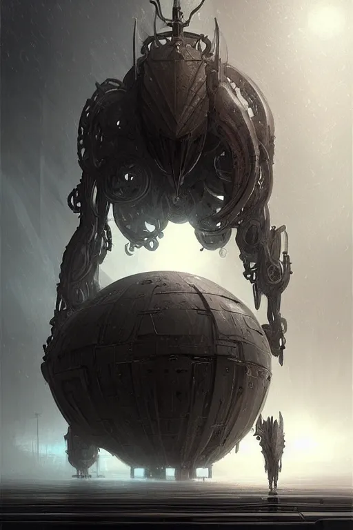 Image similar to professional concept art of a symmetrical! ominous floating mechanical steel terrifying giant thing in a dark room by artgerm and greg rutkowski. an intricate, elegant, highly detailed digital painting, concept art, smooth, sharp centred focus, illustration, in the style of cam sykes, wayne barlowe, igor kieryluk.