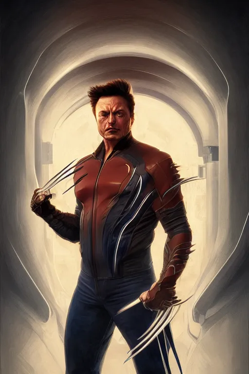 Image similar to elon musk as wolverine, realistic portrait, symmetrical, highly detailed, digital painting, artstation, concept art, smooth, sharp focus, illustration, cinematic lighting, art by artgerm and greg rutkowski and alphonse mucha