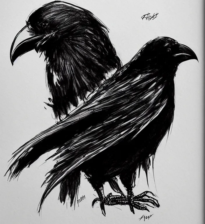 Image similar to beautiful aesthetic inspirational masterful professional ink pen liner sketch of a raven bird posing, marvel style, concept art, fine details, trending on artstation, high quality paper, instagram photo