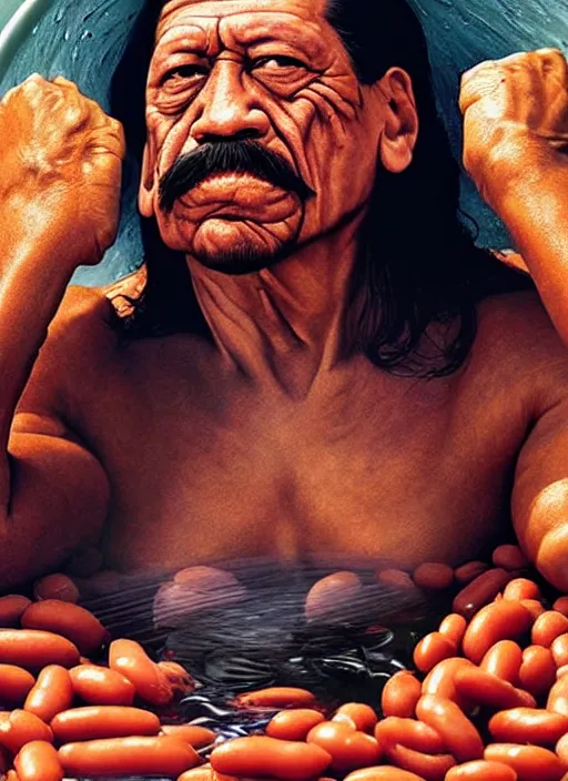 Prompt: ultrawide angle colour portrait masterpiece photography of danny trejo sitting in a kiddie pool of baked beans shot by annie leibovitz michael cheval miho hirano moebius josh kirb