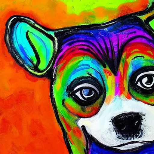 Prompt: a cute dog. the painting is very colorful and expressive, using a lot of black space which makes the characters and scenes pop out. unique way of using line work and color to create a sense of movement and energy. has a dreamlike quality and includes elements of nature.