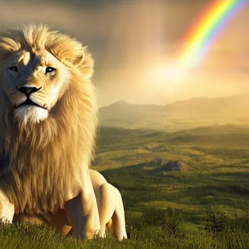 Prompt: coherent 8 k photorealistic close up shot of a albino lion overlooking a heavenly blissful landscape with a large luminous rainbow overarching the landscape behind the lion in the sun showery sky