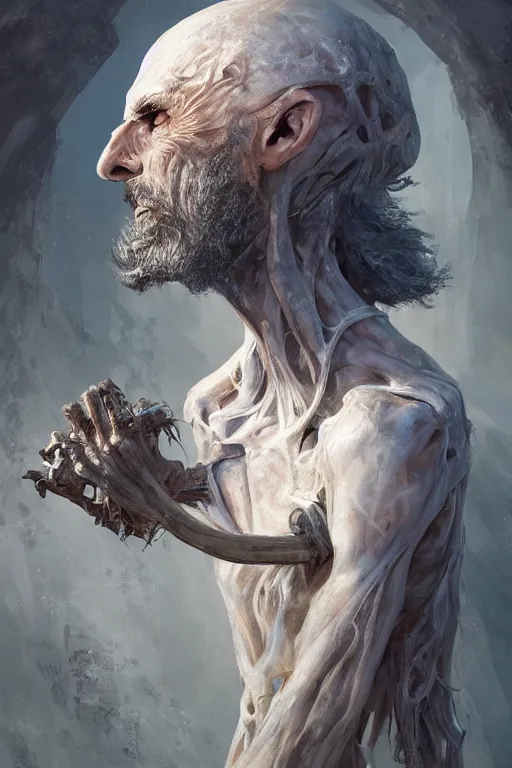 Image similar to profile view, a necromancer with a staff casts a spell that reveals the secret of life the universe and everything, dirty linen robes, staff of bones, grizzled bearded withered man by jessica rossier and hr giger