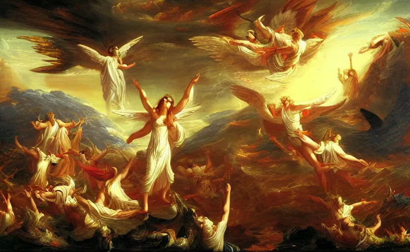 Prompt: Lucifer leads a rebellion of angels in heaven against god, painted by Thomas Cole, very detailed, award winning, trending in Art Station,