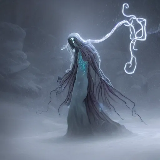 Prompt: an ethereal ghostly wraith like figure with a squid like parasite latched onto its head and long tentacle arms that flow lazily but gracefully at its sides like a cloak while it floats around a frozen rocky tundra in the snow searching for lost souls and that hides amongst the shadows in the trees, this character has hydrokinesis and electrokinesis for the resident evil village real muppet remake by sesame street, photo realistic, photography, sesame street