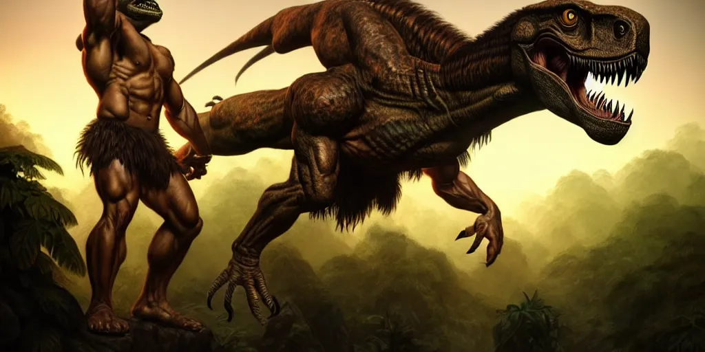 Image similar to a muscular caveman, heroic pose, with a velociraptor, in the jungle, sunset, volumetric light,, eerie, highly detailed, digital painting, artstation, concept art, matte, sharp focus, illustration, art by artgerm and greg rutkowski and alphonse mucha