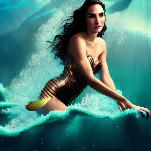 Prompt: Full body photo of the beautiful woman Gal Gadot as a siren, she is swimming under the sea, she is leading a variety of school of fish, she has a glow coming from her, she is getting illuminated for rays of light that cross the sea, the photo was taking by Annie Leibovitz, matte painting, oil painting, naturalism, 4k, 8k