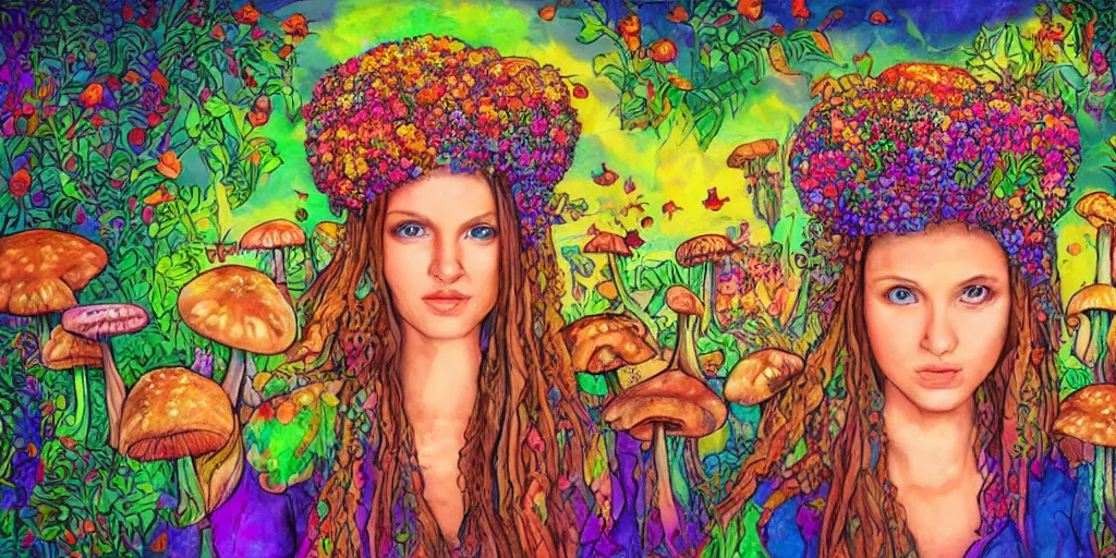 Image similar to portrait of cute hippy girl with mushrooms growing out her head. background psychedelic landscape. highly detailed photorealistic