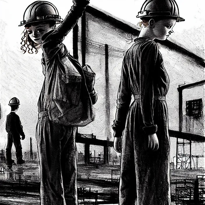 Image similar to sadie sink in dirty workmen clothes waves goodbye to workmen. background : factory, dirty, polluted. technique : black and white pencil and ink. by gabriel hardman, joe alves, chris bonura. cinematic atmosphere, detailed and intricate, perfect anatomy