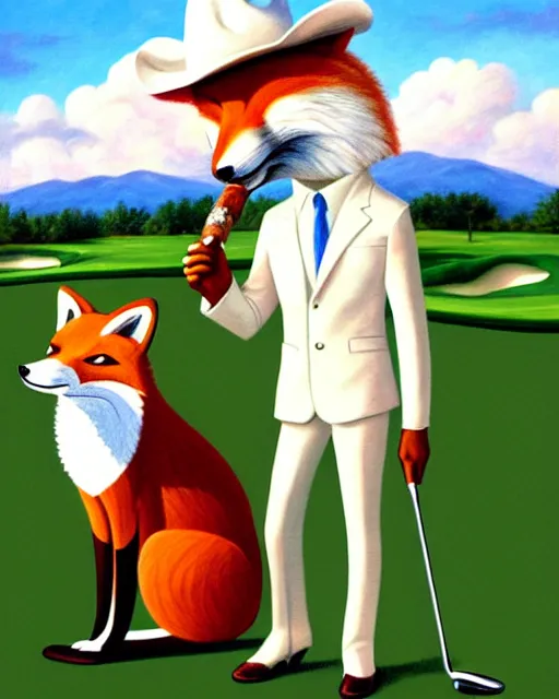 Prompt: anthropomorphic fox animal wearing a white suit, white cowboy hat, and reflective sunglasses, smoking cigar, fox animal, golf course in background, reflective aviator sunglasses, oil painting