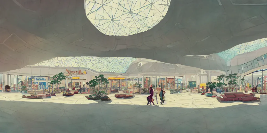 Image similar to a beautiful illustration of futuristic mall, lots of furniture, sofa, waiting room, big medium small, sacred geometry, golden ratio, in watercolor gouache detailed paintings, in style of syd mead, trending on artstation, 8 k, panel, hard surface, wallpaper, zaha hadid, scattered props, plant, cozy, decoration, simon stalenhag, wes anderson