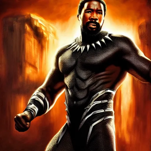 Prompt: michael jai white as black panther, digital painting, extremely detailed, 4 k, intricate, brush strokes, mark arian, artgerm, bastien lecouffe - deharme