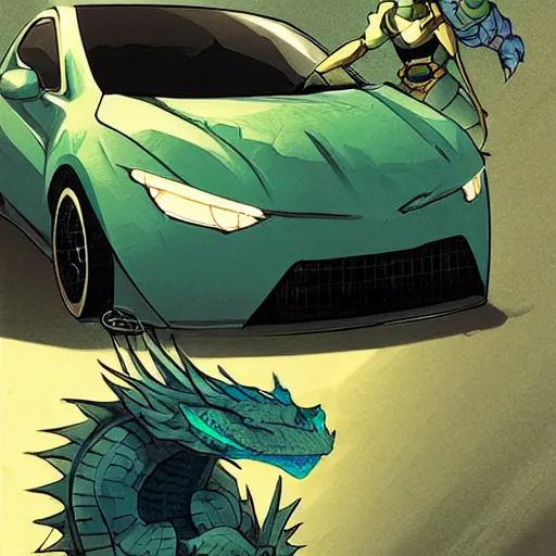 Image similar to blue knight in a green hatchback car vs dragon, close up, anime, desert landscape, greg rutkowski, Murata, one punch man manga,