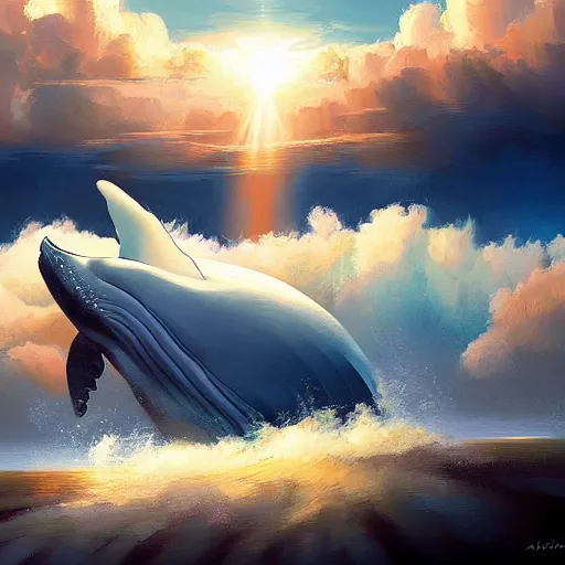 Image similar to digital painting of a whale flying through the clouds. dramatic lighting. god rays. by artem rhads chebokha
