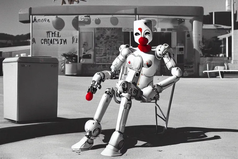 Image similar to robot clown relaxing at a california drive in, in 1 9 8 2, cutecore clowncore, bathed in the the glow of the sunset, low - light photograph, in style of tyler mitchell