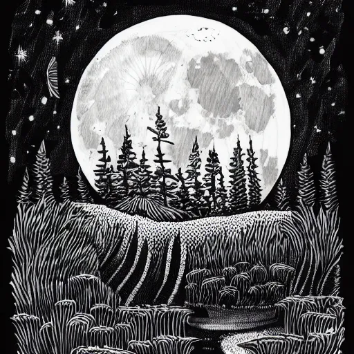 Prompt: a highly detailed ink drawing illustration of the full moon over a magical pond, soft curves, winner on behance, trending on artstation