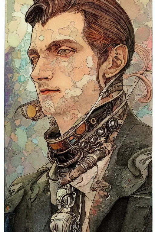 Prompt: zoomed out portrait of a german duke, stylized illustration by yoshitaka amano and moebius, watercolor gouache detailed paintings, mucha vibe, dieselpunk, solarpunk, artstation