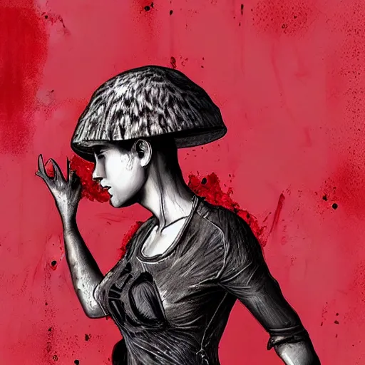 Image similar to detailed half body digital art for a game of a beautiful woman wearing ragged and ruined clothes merged with mushrooms. the background is pure red. dramatic camera angle