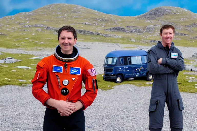 Image similar to tourist astronaut standing in the Isle of Harris, Scotland, a campervan in the background, 28 mm lens, photorealistic