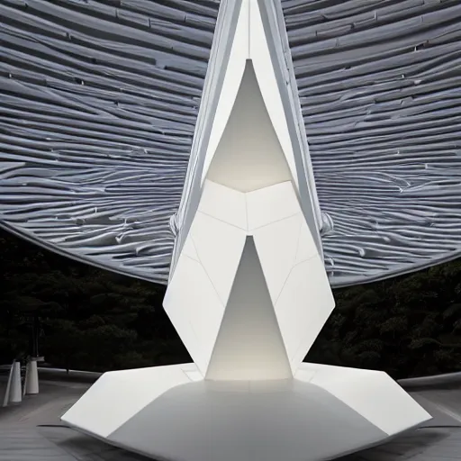 Prompt: a Japanese pagoda built out of white marble and platinum, studio lighting, very detailed, high quality photo, designed by zaha hadid, sculped by Norman foster