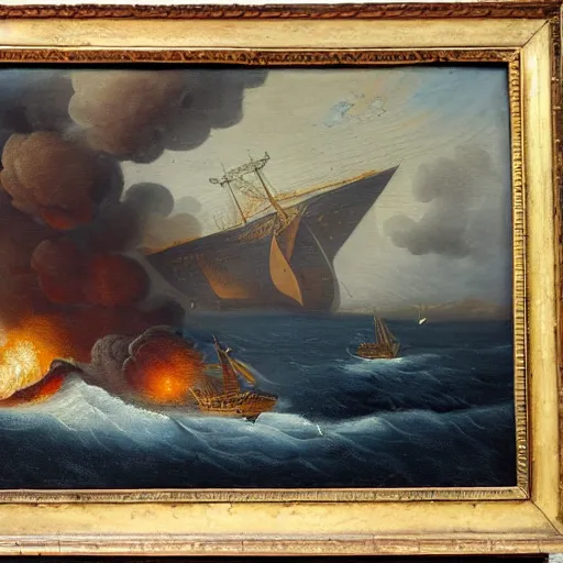 Image similar to oil painting of a ship on stormy waters, the ship is burning, 1 8 th century, antique painting
