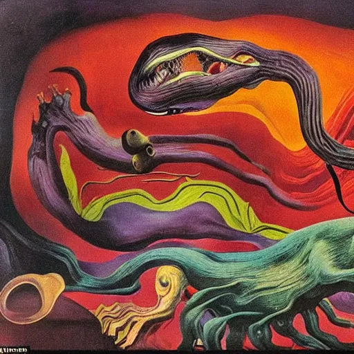 Image similar to madness creature, fluid, smooth, organic, crazy, bright, colours, tumours, high contrast, sharpness, dramatic, very detailed, intricate, by dali and magritte and edvard munch and da vinci