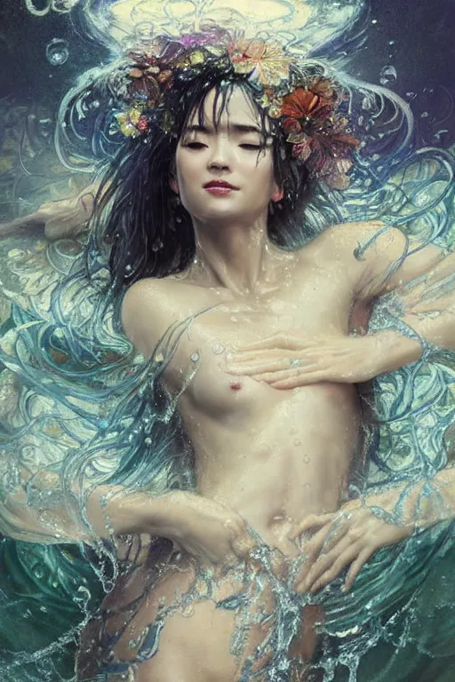 Prompt: portrait of a beautiful woman wearing a kimono, silver hair, drenched body, wet dripping hair, emerging from the water, fantasy, regal, fractal crystal, fractal stone gems, by stanley artgerm lau, greg rutkowski, thomas kindkade, alphonse mucha, loish, norman rockwell