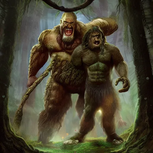 Prompt: giant ettin with two heads, ettin from dungeons and dragons, dnd in a dark forest, digital art, high quality render, artstation, 8 k, photograph quality, ultrahd