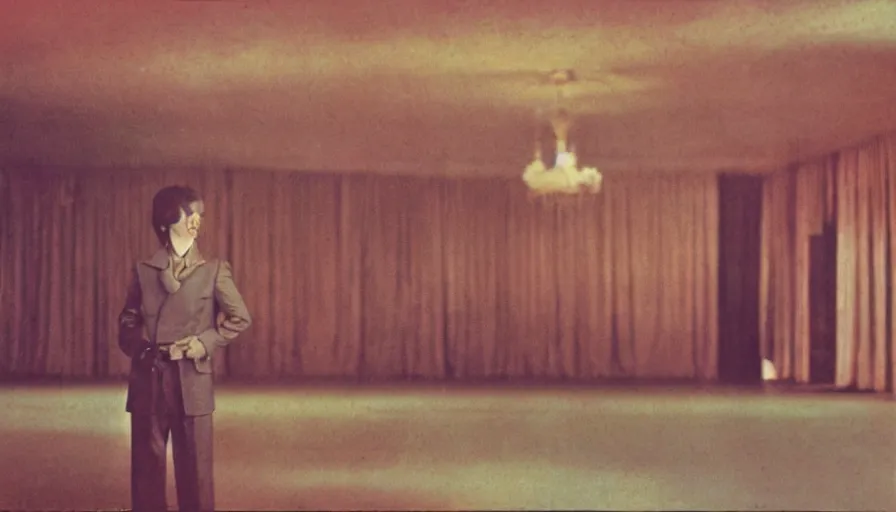 Prompt: 70s movie still of a man with elongated head in a soviet ballroom, eastmancolor, heavy grain, high quality, higly detailed, liminal space