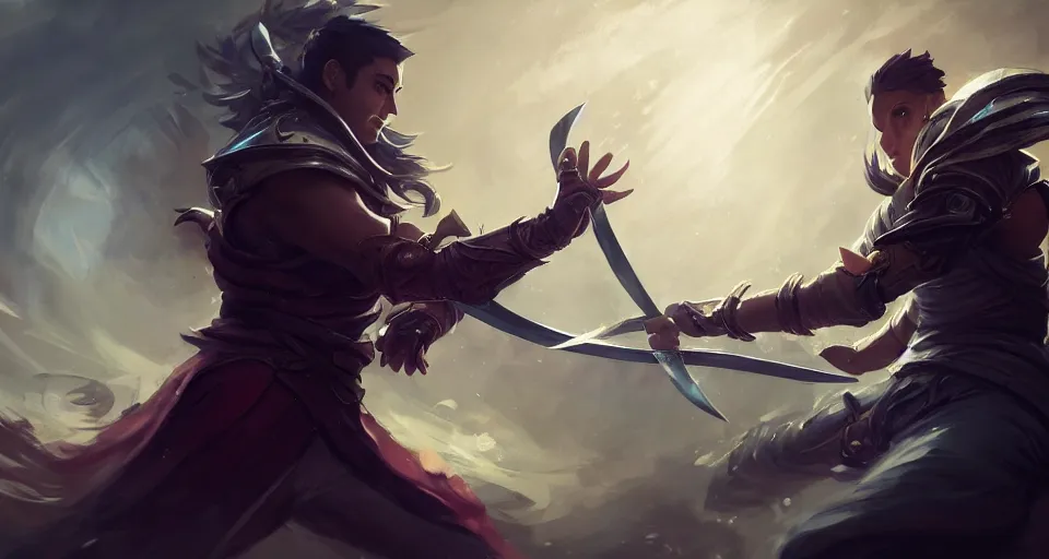 Image similar to amazing portrait of two sword fencer, league of legends splash art, deiv calviz, splash art, natural light, elegant, intricate, fantasy, atmospheric lighting, by greg rutkowski, league of legends splash art, hd wallpaper, ultra high details