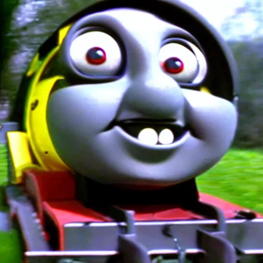 Image similar to creepy found footage of Thomas the tank engine, super close-up zoom fish eye staring at you terrifying