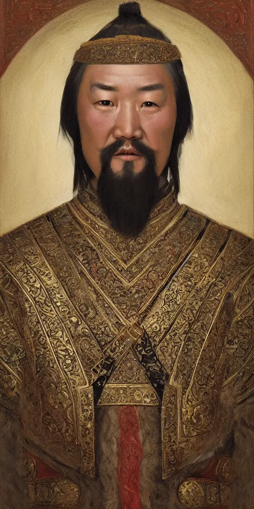 Image similar to a stunning and noble highly detailed romantic period style portrait of Genghis Khan by Josep Tapiró Baró, trending on artstation, oil painting masterpiece, symmetry, fractals, Mongolian iconography