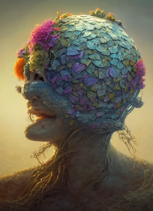 Image similar to helmet of a forgotten deitymade of flower petals, in the style of tomasz alen kopera and fenghua zhong and peter mohrbacher, mystical colors, rim light, beautiful lighting, 8 k, stunning scene, raytracing, octane, trending on artstation