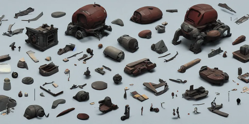 Image similar to collection of exploration of form and shapes, props, hard surface, panel, simon stalenhag, kitbash, items, gadget, big medium small, close up