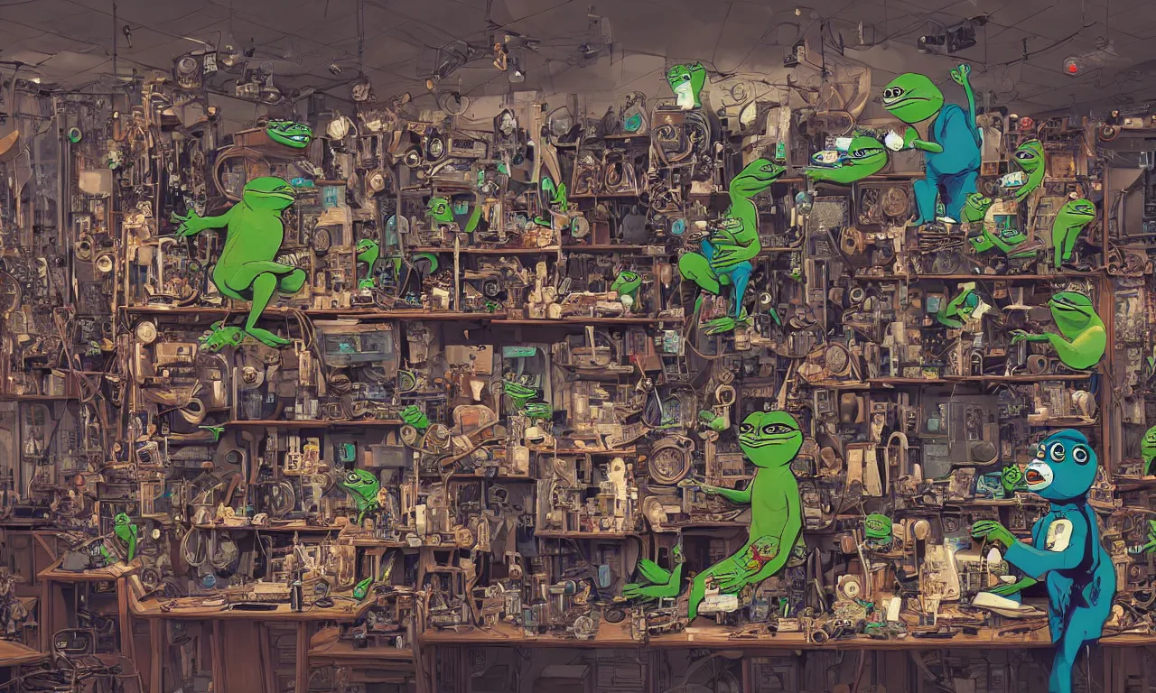 Image similar to an extremely cluttered animatronic pepe repair shop in 2067, art by Josan Gonzales and Dan Hillier, extremely detailed, fine detail, 8K