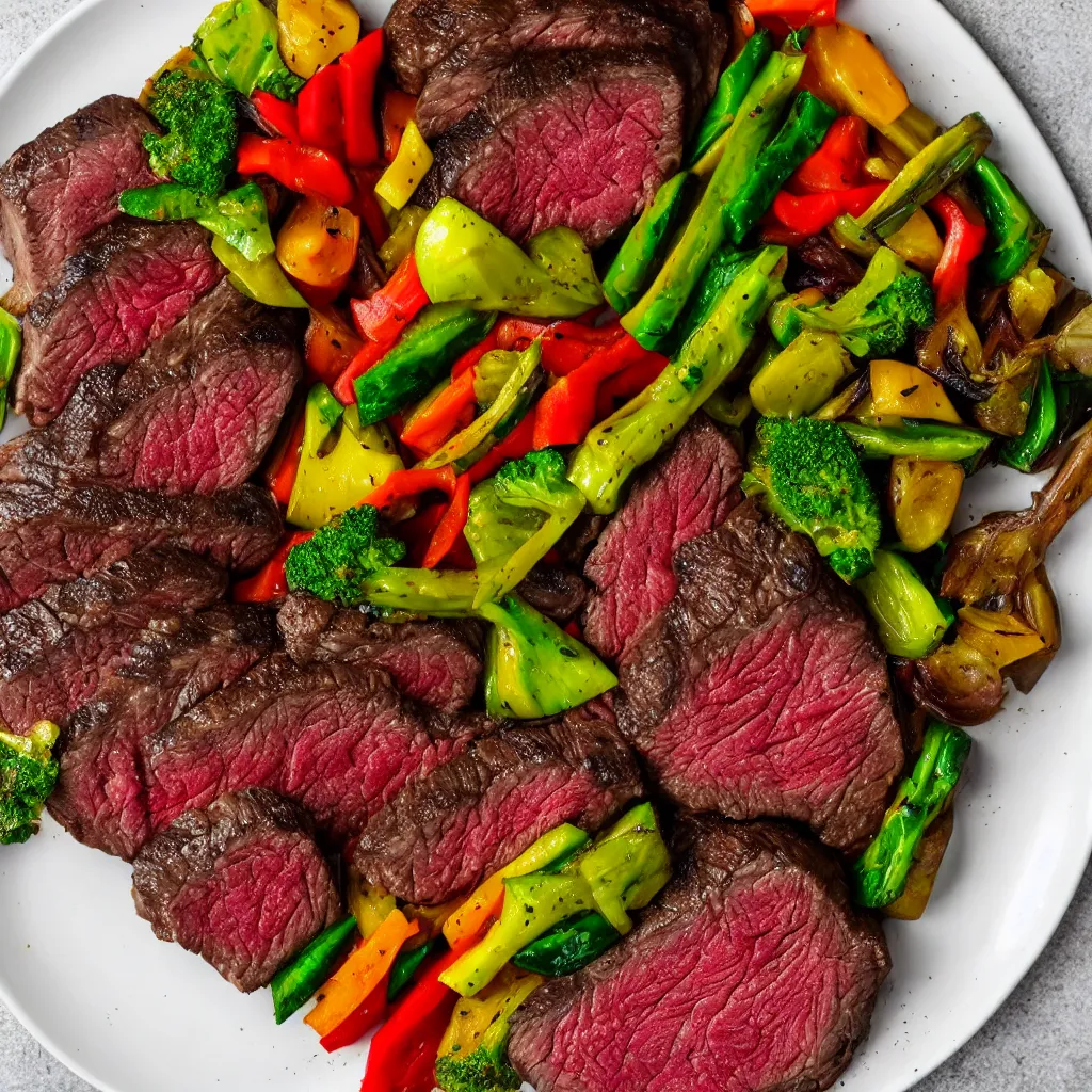 Image similar to a plate of perfectly cooked wagyu steak and vegetables