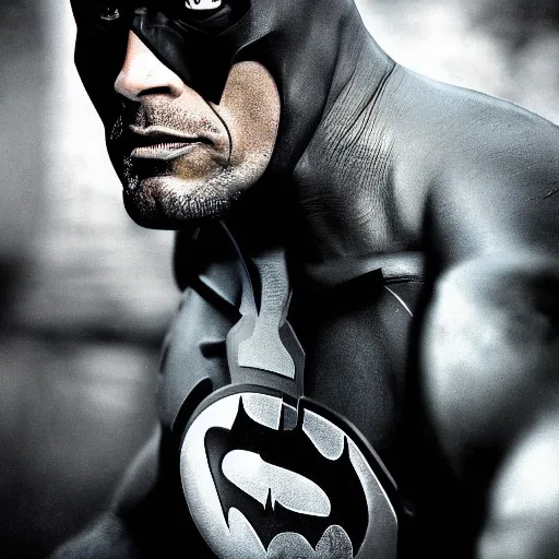 Prompt: portrait of Dwayne Johnson as batman, photograph, natural light, sharp, detailed face, magazine, press, photo, Steve McCurry, David Lazar, Canon, Nikon, focus