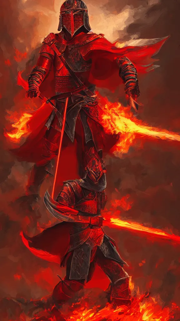 Prompt: a red knight with fire sword, volcano background, digital painting, highly detailed, intricate