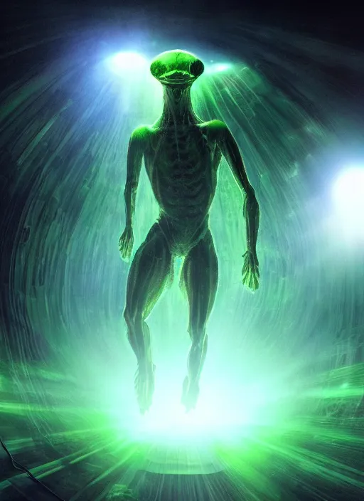 Prompt: a weird humanoid creature is suspended in a tank of dense liquid, weightlessness, tubes coming from the top of the tank connecting to the creature's body, back lit, blinding green glow creates a lens flare, cinematographic