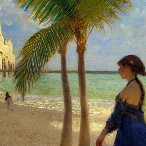 Image similar to a ultradetailed beautiful painting of a girl in the amazonas palace designed by jules bastien - lepage, hans belmer, frank weston and gustave baumann, beach, trending on artstation, mediterranean, palm trees, light sparkles, sharp focus, soft light, 8 k 4 k