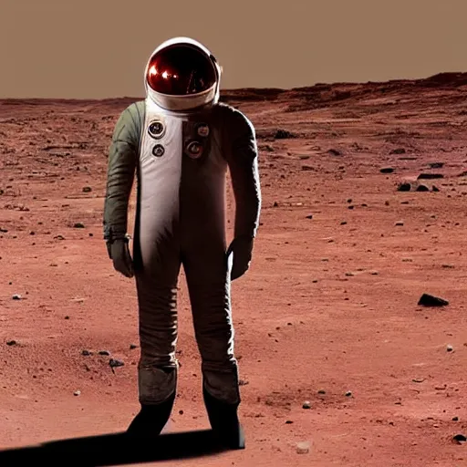 Prompt: elon musk standing on mars without space suit photorealistic facial details atmospheric hair