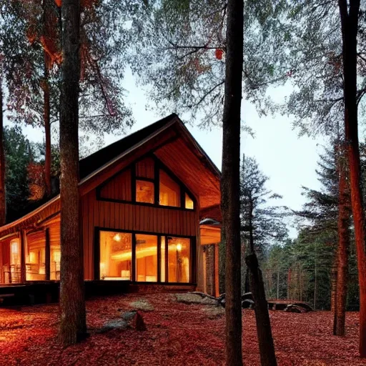 Image similar to beautifully detaild brick and dark wood cabin in the dense forest, lit by moonlight, night time, warm lights, detailed cabin in the woods