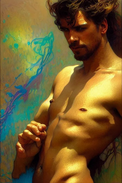 Prompt: attractive man, rainbow, painting by gaston bussiere, craig mullins, greg rutkowski, alphonse mucha