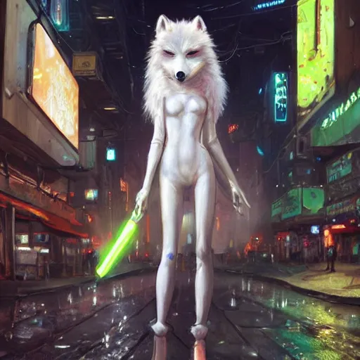 Image similar to white anthropomorphic female vulpes vulpes fulva, long snout, fluffy tail, smoking a cigarette in the rain, in crowded and wet street of a city, cyberpunk, harsh neon lights, highly detailed, digital painting, trending on artstation, concept art, illustration, art by artgerm and greg rutkowski and magali villeneuve