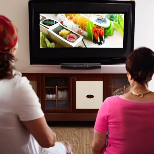 Prompt: grandmas watching sushi on the tv