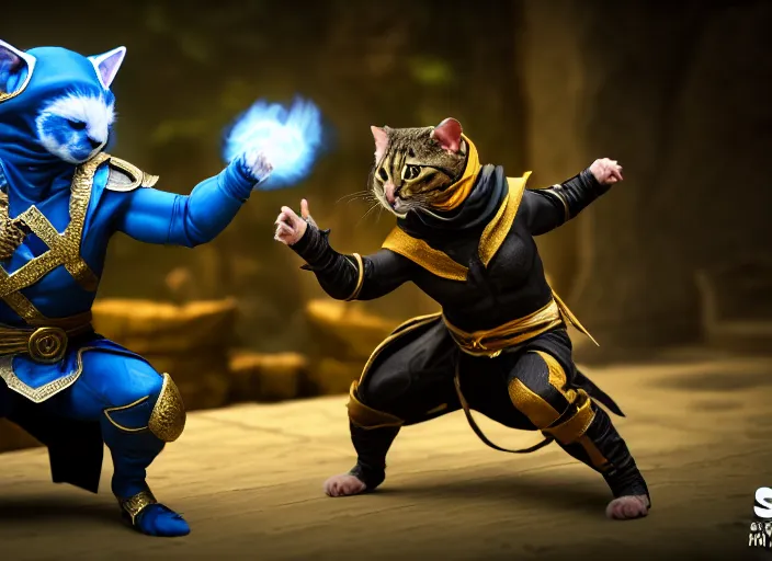 Image similar to hamster dressed as sub zero fights a cat dressed as scorpion in mortal kombat on the background of a laughing shao khan. fantasy magic style. highly detailed 8 k. intricate. lifelike. soft light. sony a 7 r iv 5 5 mm. unreal engine with nanite and path tracing