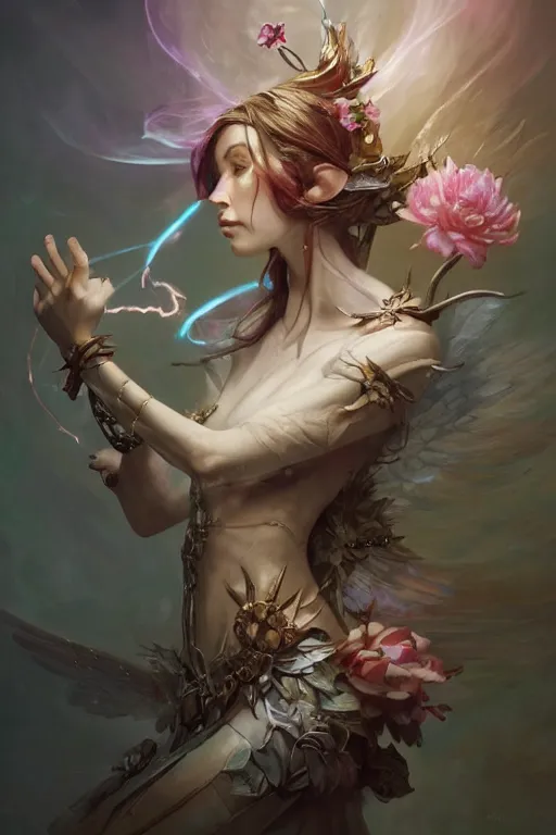Prompt: portrait of a beautiful elf casting magic spell holding flowers, angel, fantasy, dramatic lighting, highly detailed, digital painting, holding electricity, magic the gathering, hyper detailed, 3 d render, hyper realistic detailed portrait, peter mohrbacher, wlop, ruan jia