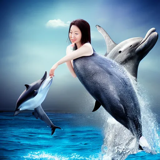 Image similar to a beautiful Chinese princess riding a dolphin, advertising photography, realistic photo, studio light