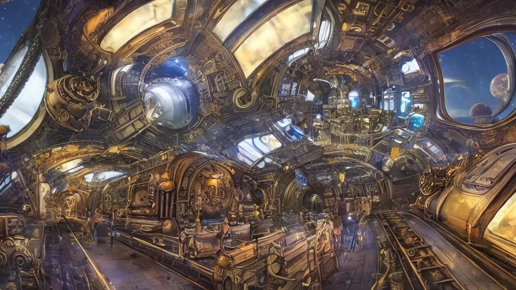 Image similar to Steampunk space train is leaving earth. Extremely detailed. Wide angle shot, 4K. Set in space