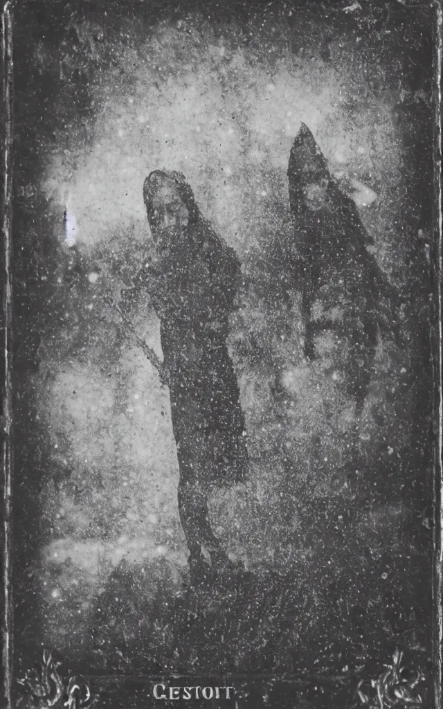 Prompt: wet plate sun tarot card victorian era, coal dust, ghosts in the background, in the style of brothers quay